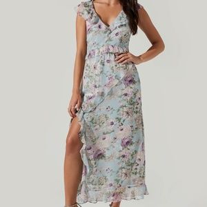 ASTR THE LABEL: BLUE TEMPEST FLORAL RUFFLE MIDI DRESS ***XL**